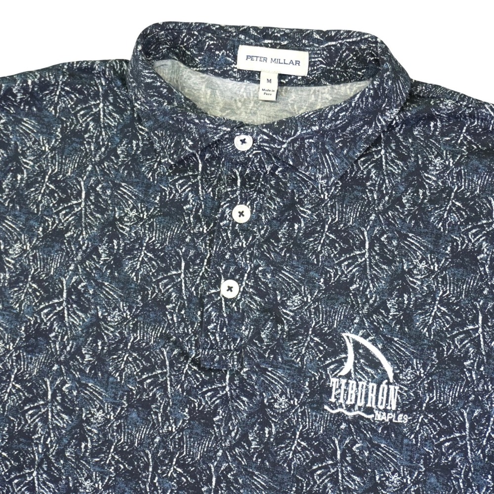 Peter Millar Polo Shirt Mens Medium Blue Tiburon Naples Shark Print Pima Cotton